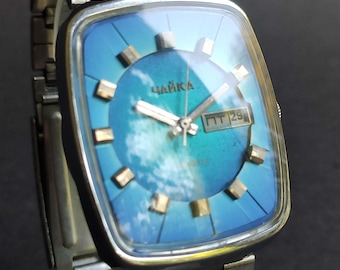 Vintage Chaika Armbanduhr | Seltenes Elektromechanisches Stepper Uhrwerk | Blaues Zifferblatt Sammleruhr