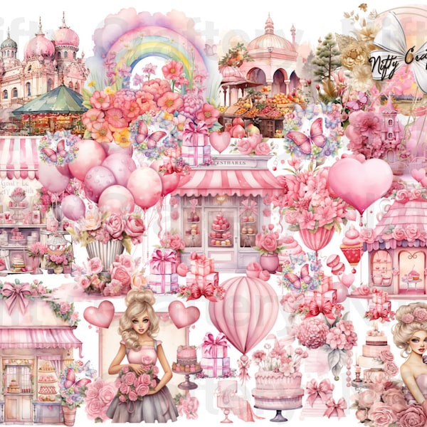 Whimsical Wonders: A Pink Paradise 18 PNG Clipart Collection - Flowers, Gifts Decorations Graphics for Cards, Invitations, Digital Download