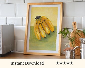 Cute Banana Art, Hand Painted Kitchen Decor, Kitchen Wall Art, Fruit Decor - Digital Download