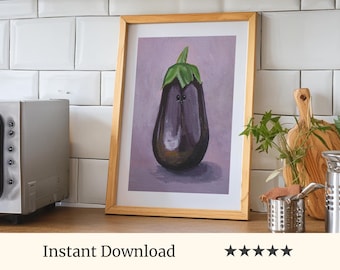 Cute Aubergine / Eggplant with Face Art, Funny Vegetable Digital Print, Kitchen Wall Decor, Foodie Gift - Instant Download