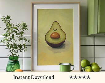 Cute Avocado Artwork, Hand Painted Kitchen Decor, Kitchen Wall Art, Breakfast Decor - Digital Download