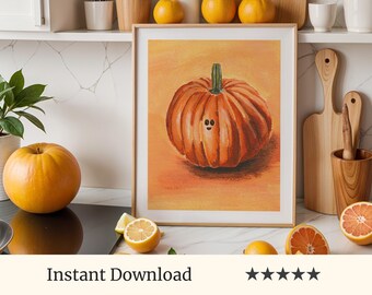 Cute Pumpkin Art, Hand Painted Kitchen Decor, Kitchen Wall Art, Seasonal Art, Vegetable Decor - Digital Download