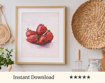 Cute Strawberry Art, Hand Painted Kitchen Decor, Kitchen Wall Art, Fruit Decor - Digital Download