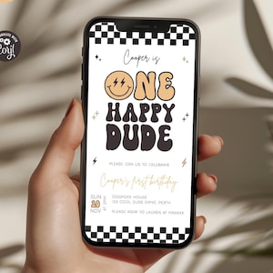 One Happy Dude First Birthday Mobile Invitation, Editable Retro One Cool Boy 1st Birthday Happy Smile Face Party Digital Text Evite