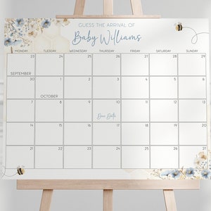 Bearbeitbar Ein kleiner Honig ist auf dem Weg Babyparty Fälligkeitsdatumskalender, neutrale Biene erraten Baby-Geburtstags-Poster Hummel druckbare Vorlage