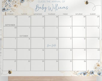 May include: A printable baby shower game calendar with a floral and bee design. The calendar is for September and October and has the text "Guess the arrival of Baby Williams".