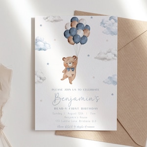 Invito modificabile per il 1° compleanno di Beary, palloncini di orsacchiotto invitano il primo compleanno del ragazzo, invito di compleanno di Beary blu, download istantaneo stampabile