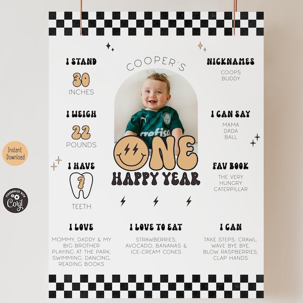 One Happy Dude First Birthday Milestone Poster | Editable Smiley Face Party Sign | Digital Template