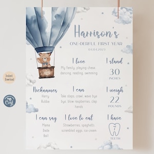 Tablero editable de hitos del primer año del cumpleaños del oso, póster de globo aerostático con osito de peluche Onederful para niño, póster imprimible con el primer osito