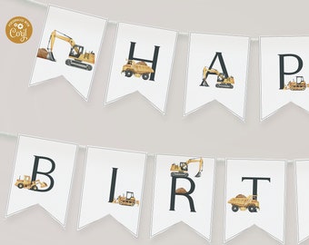 May include: A white banner with black letters spelling "Happy Birthday" with construction vehicle illustrations on each flag.