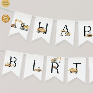 Editable Construction Themed Happy Birthday Banner, Minimalist Can You Dig It Birthday Sign Decoration Truck Digger Printable Garland