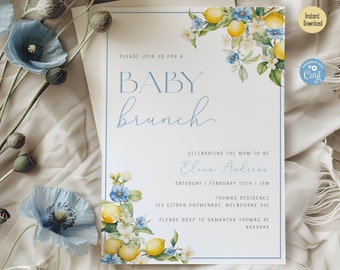 Lemon Baby Shower Invitation | Editable Blue Citrus Brunch | Minimalist Main Squeeze Theme | Digital Template
