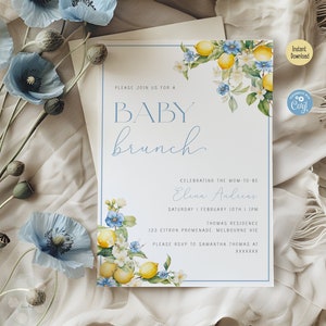 Może przedstawiać: Zaproszenie na baby shower z niebiesko-białym wzorem kwiatowym. Zaproszenie brzmi: "Proszę dołączyć do nas na baby brunch z okazji przyjęcia Eleny Andreas, przyszłej mamy, w sobotę, 10 lutego, o godzinie 13:00, w Thomas Residence, 123 Citron Promenade, Melbourne VIC. Prosimy o potwierdzenie obecności u Samanthy Thomas pod numerem XXXXXX."