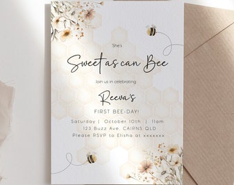 Invitación de primer cumpleaños con temática de abejas / Invitación para niñas con temática de abejas dulces / Plantilla digital