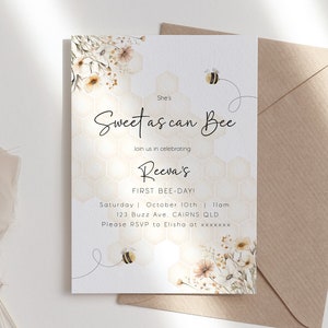 Editable Sweet As Can Bee First Birthday Invitation Bee 1st Birthday Invite 1st Bee Day Girl Wild Flower Printable Template Instant Download