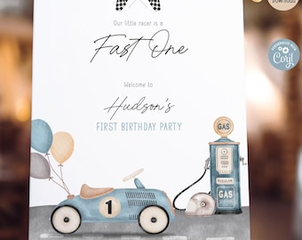 Fast One Birthday Welcome Sign | Blue First Lap Around The Track Theme Poster | Digital Template