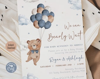 We Can Bearly Wait Invitation | Blue Teddy Bear Theme Baby Shower Invite | Digital Template