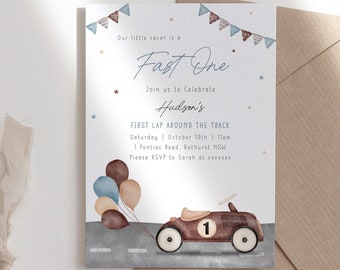 Fast One Birthday Invitation | First Lap Around The Track Theme Party Invite | Digital Template