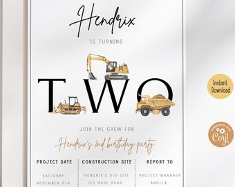 Construction 2nd Birthday Invitation | Minimalist Diggin It Theme Party Invite | Digital Template