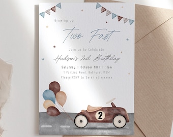 Editable Two Fast Birthday Invitation Race Car 2nd Birthday Invite Boy Vintage Brown Blue Racing Car Printable Template Instant Download