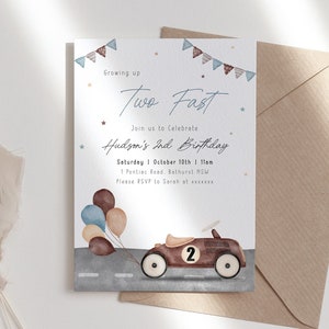 Bewerkbare twee snelle verjaardagsuitnodiging raceauto 2e verjaardag uitnodigen jongen Vintage bruin blauwe racewagen afdrukbare sjabloon Instant Download