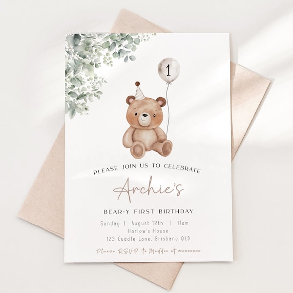 Editable Greenery Bear Birthday Invitation, ANY AGE Teddy Bear Neutral Invite Beary First Boho Birthday Minimalist Invite Printable Template