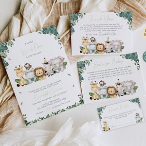 Conjunto de invitación de baby shower editable Little Wild One On the Way, Safari Baby Shower Invitar plantilla imprimible de animal de niño verde neutro