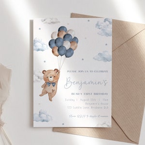 Editable Beary 1st Birthday Invitation, Teddy Bear Balloons Invite Boy First Birthday Blue Beary Birthday Invite Printable Instant Download
