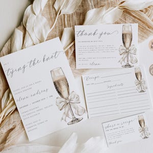 Editable She's Tying The Knot Bridal Shower Invitation Set, Modern Bow Bridal Brunch Invite Minimal Champagne Wedding Shower Recipe Card