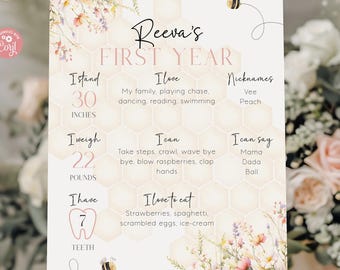Sweet To Bee ONE Geburtstags-Meilensteintafel | Pastell Honig 1st Bee-Day Poster | Digitale Vorlage