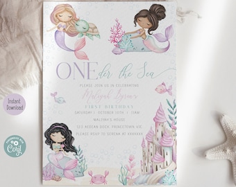 ONEder The Sea First Birthday Invitation | Mermaid Theme 1st Birthday Party | Digital Template