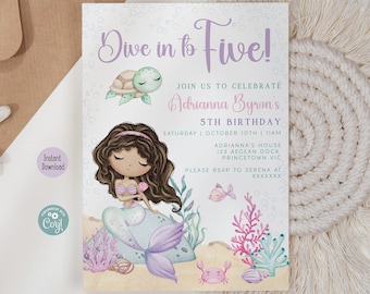 May include: A mermaid-themed birthday invitation with the text "Dive in to Five!" featuring a mermaid illustration, a turtle, and aquatic plants. The invitation includes the birthday details and is surrounded by a starfish, envelope, and a woven coaster.