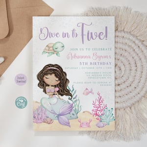 Modèle imprimable d'invitation d'anniversaire de sirène sous la mer modifiable, invitation de fête de sirène violette pour filles sous la mer thème d'invitation d'anniversaire