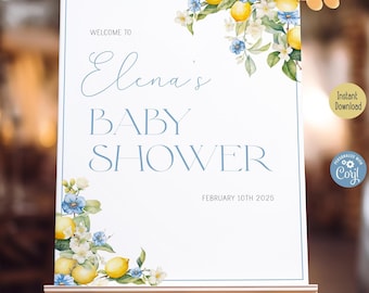 May include: A white sign with blue and yellow floral accents announcing a baby shower for Elena on February 10th, 2025. The sign is on an easel.