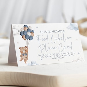 Editable Beary 1st Birthday Food Label Template, Teddy Bear Boy First Birthday Printable Place Card Customizable Instant Download Decor