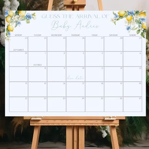 Bearbeitbarer Zitronen-Babyparty-Fälligkeitsdatumskalender, minimalistisches blaues Zitrus-Baby-Geburtstags-Poster Blaue Limonade-Baby-Brunch-druckbare Vorlage