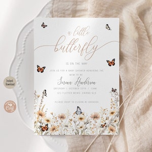 May include: A baby shower invitation featuring a watercolour butterfly design. The invitation is white with gold lettering and reads "a little butterfly is on the way". The invitation also includes the name "Serena Henderson" and the date and time of the shower.