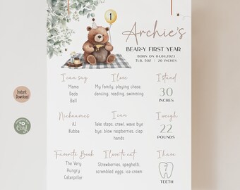Teddy Bear Picnic Milestone Board | Neutral Beary First Birthday Poster | ANY AGE | Digital Template