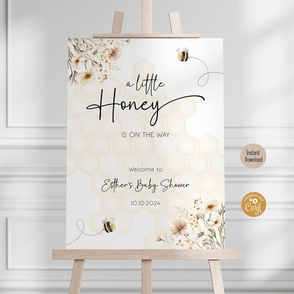 Editable A Little Honey Is On The Way Baby Shower Welcome Sign, Neutral Honey Bee Shower Welcome Poster Bumblebee Modern Printable Template