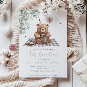 Editable Girls Bear Birthday Invitation, ANY AGE Pink Teddy Bear Picnic Minimalist Invite Greenery Beary First Boho Printable Template