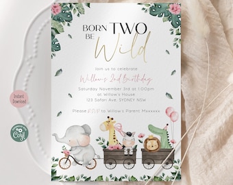 Born Two Be Wild Party Invitation | Pink Safari Theme 2nd Birthday Invite | Digital Template