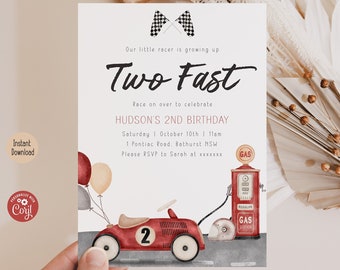 Editable Two Fast Birthday Invitation | Red Racecar Theme 2nd Birthday Party Invite | Digital Template
