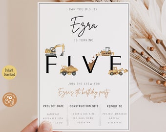 Construction 5th Birthday Invitation | Minimalist Can You Dig It Party Invite | Digital Template