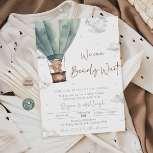 Editable Gender Neutral Bear Baby Shower Invitation, We Can Bearly Wait Sage Green Shower Invite Balloon Boy Girl Shower Printable Template