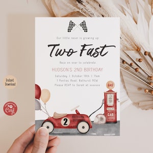 Editable Two Fast Birthday Invitation Racecar 2nd Birthday Boy Vintage Race Car Second Birthday Invite Printable Template Instant Download