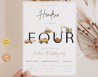 Puede incluir: Una invitación de cumpleaños imprimible con temática de construcción para un niño que cumple cuatro años. La invitación presenta una excavadora amarilla y un camión volquete, con el número "FOUR" en texto negro. El texto de la invitación dice: "Can you dig it? Hendrix is turning FOUR. Join the crew for Hendrix's 4th birthday party. Project Date: Saturday, November 5th, 1:00 pm. Construction Site: Hendrix's Dig Site, 120 Haul Road, Perth WA. Report to: Project Manager, Angela, W.XXXXXXXX."
