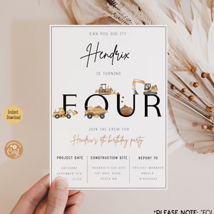 Editable Construction 4th Birthday Invitation Minimalist Can You Dig It Party Digger Four Birthday Invite Boy Dump Truck Excavator Template
