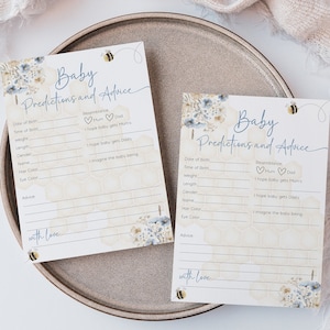 Bee Baby Shower Predictions And Advice Card, Fully Editable Shower Game A Little Honey Is On The Way Blue Neutral Boy Printable Template