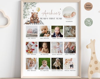 May include: A printable baby photo collage with a bear theme. The collage is titled "Archie's Bear-y First Year" and features 12 photos of a baby boy from newborn to 12 months old.