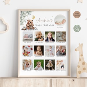 Tablero de fotos de cumpleaños editable con diseño de oso verde, collage de primer hito de oso de peluche, póster de cumpleaños minimalista imprimible